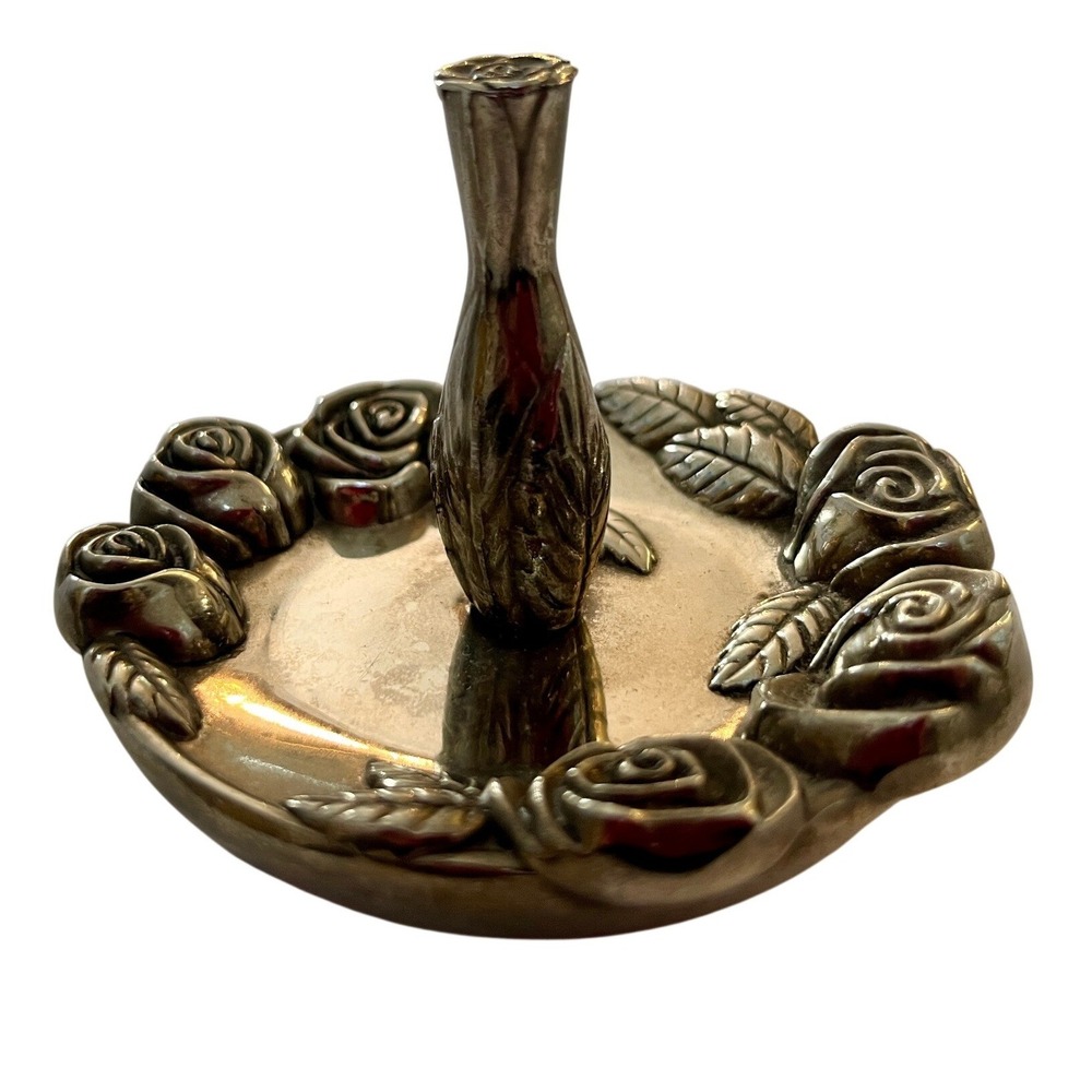 Vtg Heavy Silver Plated Rose Ring Holder Jewelry Tree Vanity Decor Floral 12oz
